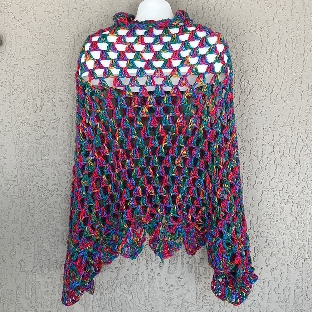 Handmade Multicolor Open Knit Crochet Poncho One Size - Picture 2 of 10
